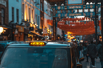Illuminated taxi cab stands in london's chinatown during chinese new year festivities