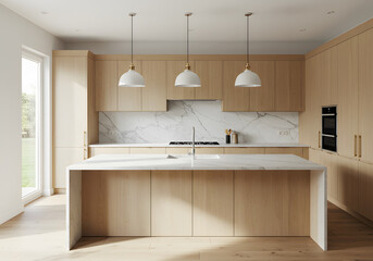 Modern Kitchen with Marble Countertop and Wood Cabinets