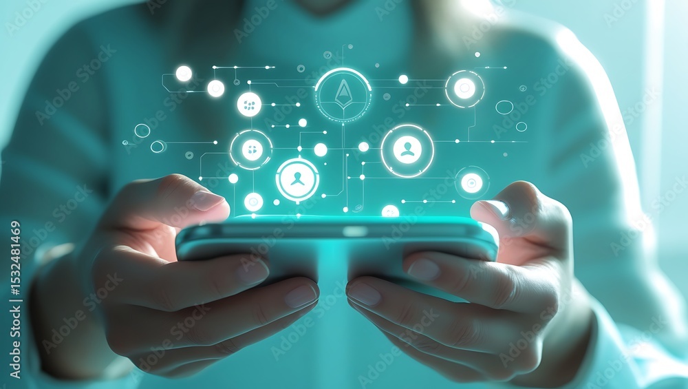 Aufkleber person using smartphone with futuristic digital network interface