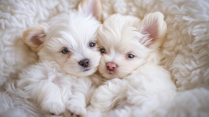Two small, fluffy white puppies snuggle closely together on a soft, cozy blanket.