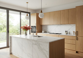 Modern Kitchen with Marble Countertop and Wood Cabinets