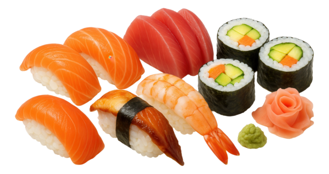 Assorted sushi platter with nigiri, sashimi, and vegetable maki rolls garnished with ginger and wasabi.