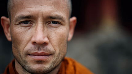 Obraz premium Close-up portrait of a Buddhist monk with serene expression outdoors