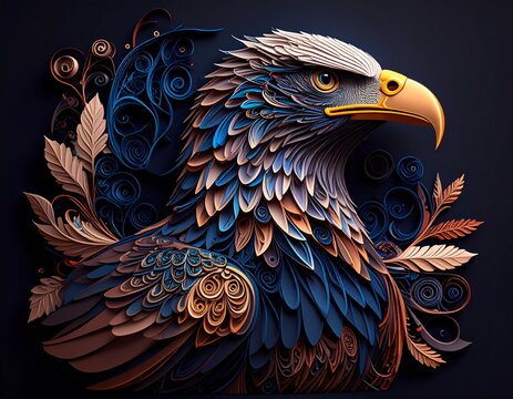 A majestic eagle, hyperrealistic paper quilling vivid colors dark background