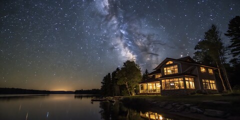 Fototapeta premium Night sky lake house stars milky way reflection trees tranquil dark peaceful beautiful serene home