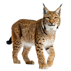Obraz premium Eurasian lynx showcasing beautiful fur patterns walking towards the viewer on transparent background