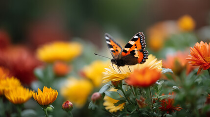Obraz premium Close-up of a butterfly perched on colorful flowers in a vibrant garden