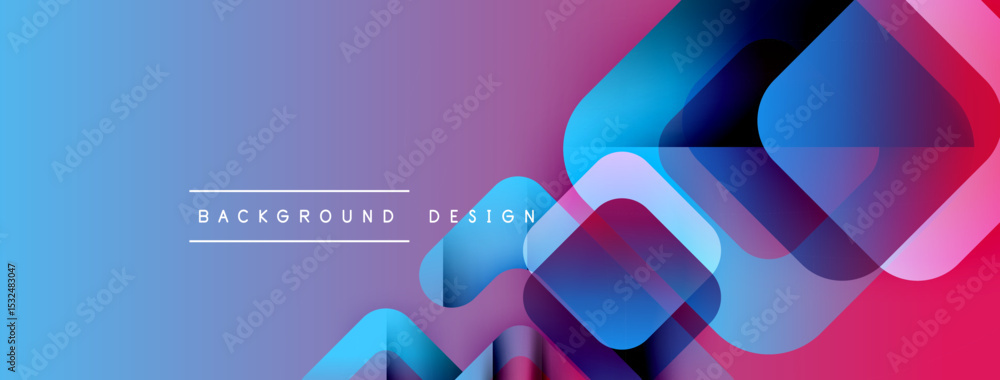 Fototapete Abstract gradient background features overlapping rounded squares. Blue transitions to pink, creating modern visual effect. Text reads background design.