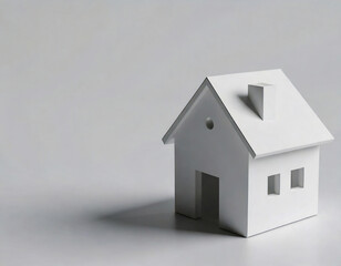 シンプルな白い家型ミニチュアとグラデーション背景。AI生成画像。