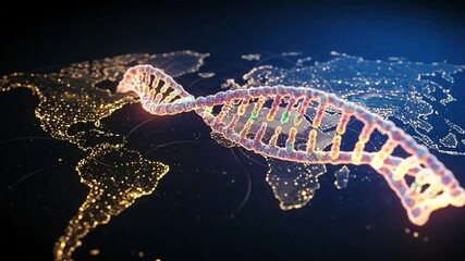 Illuminated DNA Helix Over World Map at Night - Powered by Adobe