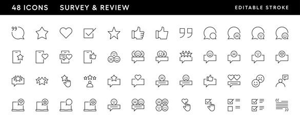 Survey icon collection. Review icon set. Satisfaction, rating, message, testimonial, comment, response, opinion and more. Editable stroke. Pixel Perfect. Grid base 32 x 32.