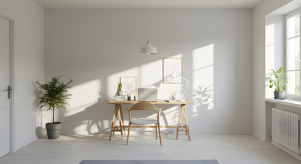Scandinavian Home Office with Wooden Desk and Natural Light