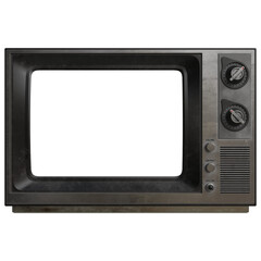 A dark gray, vintage television set with a rectangular screen, slightly worn, showing static. ...