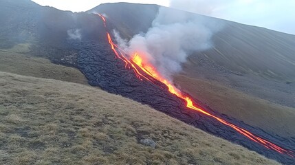 Molten lava flows down a volcanic slope.