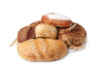 Fresh bread loaves and spikes isolated on white