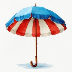 Red White Blue Striped Umbrella Watercolor Painting.