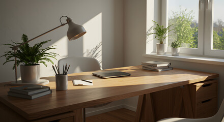 Scandinavian Home Office with Wooden Desk and Natural Light