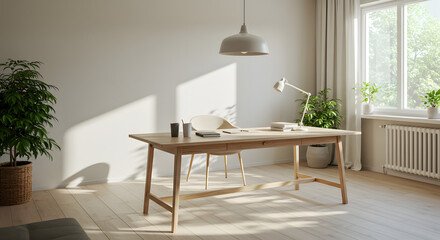 Scandinavian Home Office with Wooden Desk and Natural Light
