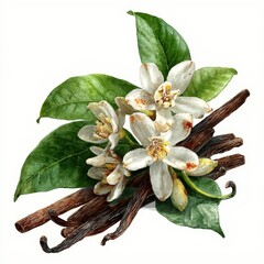 Vanilla Beans and Flowers Botanical Illustration