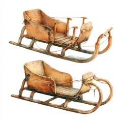 Watercolor Illustration of Two Antique Wooden Sleds on White