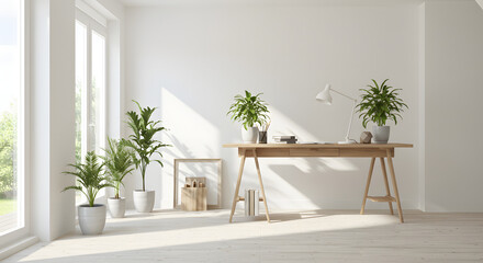 Scandinavian Home Office with Wooden Desk and Natural Light