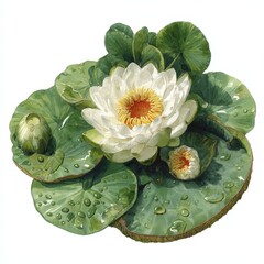 White Water Lily Watercolor Illustration with Leaves