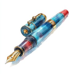 Watercolor Fountain Pen Illustration with Gold Accents