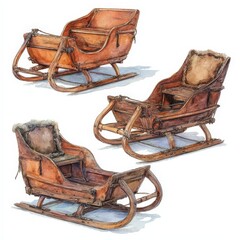 Antique Wooden Sleds Watercolor Illustration Set.