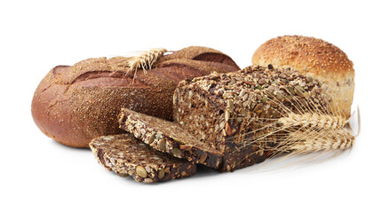 Freshly baked loaves of bread and spikes isolated on white