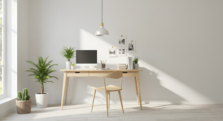Scandinavian Home Office with Wooden Desk and Natural Light