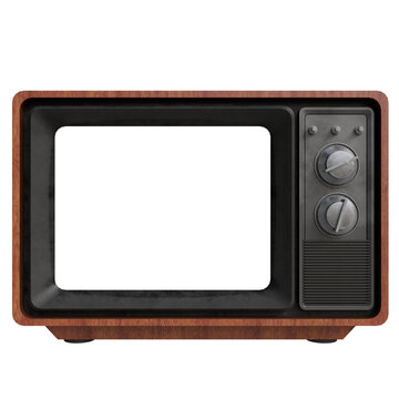 A vintage television set with a dark wood frame, a dark gray screen, and two silver rotary knobs on the right side.  The wood shows some signs of wear, adding to its aged aesthetic.