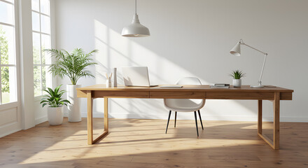 Scandinavian Home Office with Wooden Desk and Natural Light