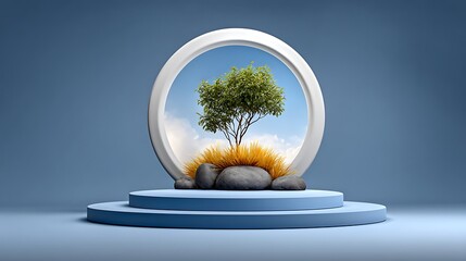 Contemporary 3D scene with a blue podium and transparent circle glass backdrop on a seamless soft blue floor and background with realistic lighting.