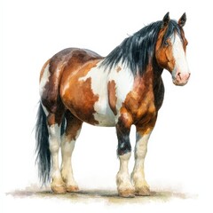 Watercolor Painting of a Standing Pinto Horse