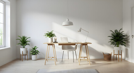 Scandinavian Home Office with Wooden Desk and Natural Light