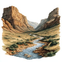 Watercolor Canyon Landscape with Winding River