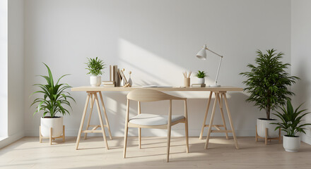 Scandinavian Home Office with Wooden Desk and Natural Light