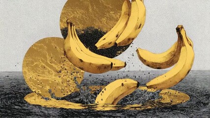 Abstract bananas falling into water with golden circles, creating splash effect and reflections - Powered by Adobe