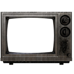 A vintage, rectangular television set with a dark gray metallic casing shows a blank screen.  The casing displays signs of wear, including scratches.  Two round control knobs are visible 
