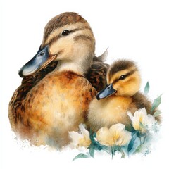 Sweet Duck Family Watercolor Painting