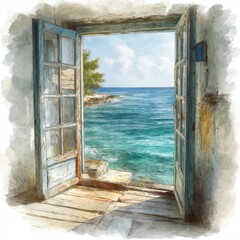 Open Door to a Coastal Paradise - Watercolor Painting.