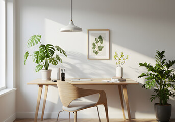 Scandinavian Home Office with Wooden Desk and Natural Light