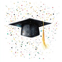 Graduation cap illustration on white backdrop surrounded by festive confetti dots