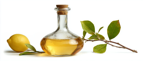 lemon vinaigrette dressing in aesthetic glass bottle and lemon decor isolated over white background
