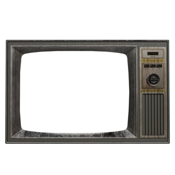 A weathered, vintage television set with a dark gray metal casing, showing signs of age and wear, sits against a black background.  Its screen is dark and blank