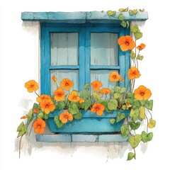 Watercolor Blue Window with Orange Flower Box