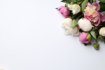 Greeting card with beautiful peony flowers on white background, flat lay. Space for text