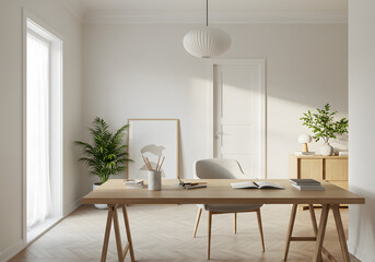 Scandinavian Home Office with Wooden Desk and Natural Light