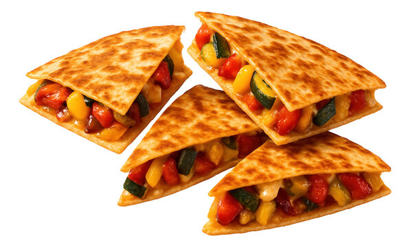 Grilled vegetable quesadillas filled with zucchini, red and yellow bell peppers, and melted cheese.