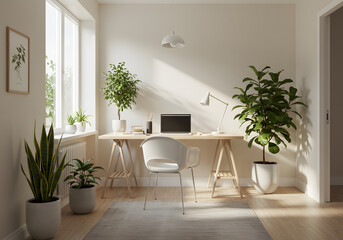 Scandinavian Home Office with Wooden Desk and Natural Light